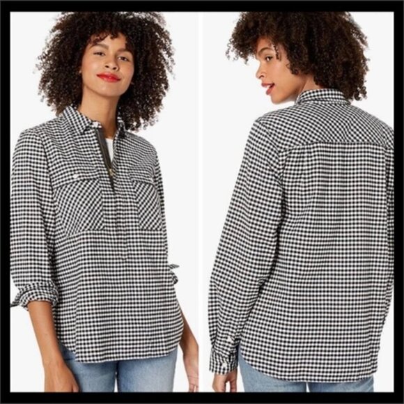 J. Crew Mercantile Gingham Flannel Half‎ Zip Black White Medium - Picture 1 of 7
